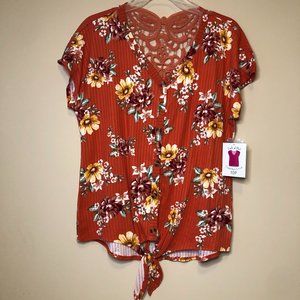 Women's Floral Tie Front Blouse - Crochet Back